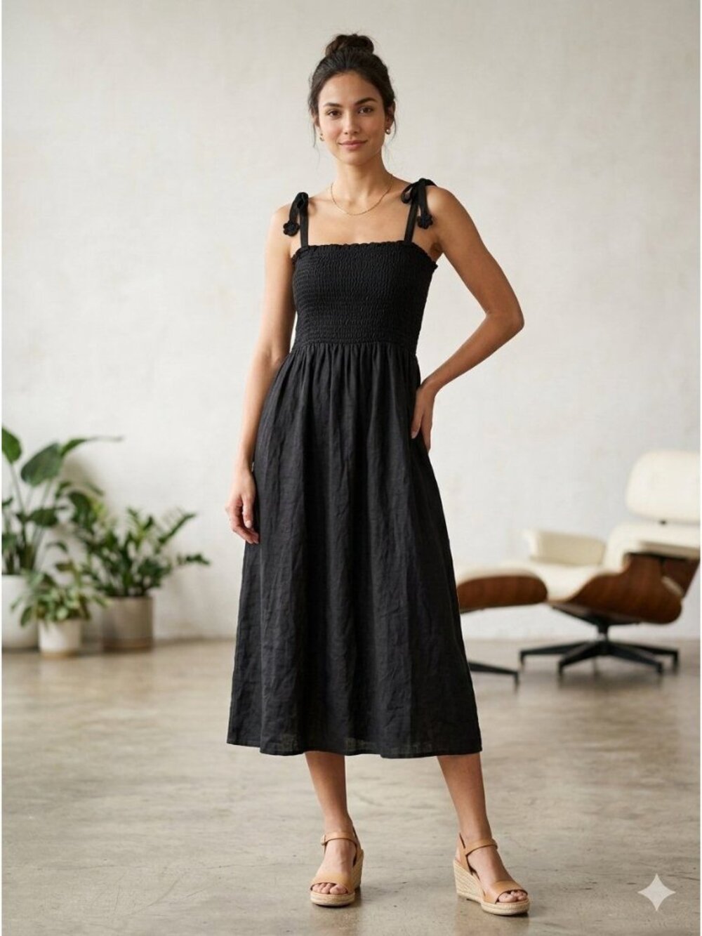Gap Midi Dress Size XL Black Shoulder Tie Smocked Ruched Adjustable Straps